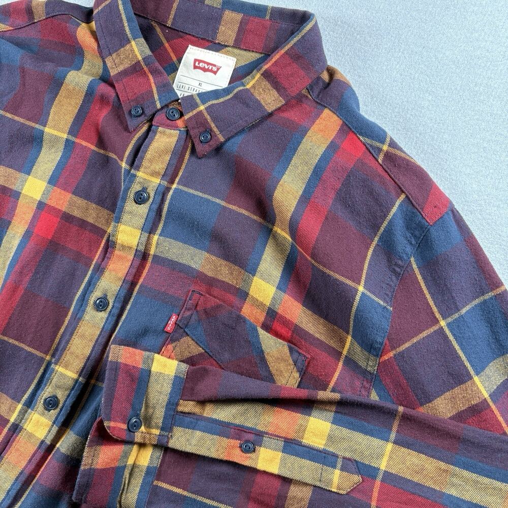 Levi's Men's XL Plaid Flannel Button Up Shirt Red Navy Mustard Long Sleeve